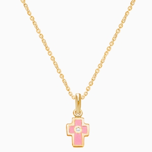Genuine Diamond Princess Cross, Children&#039;s Necklace (Includes Chain) - 14K Gold