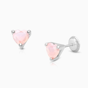 Pink Opal CZ Heart, Teen&#039;s Earrings, Screw Back - 14K White Gold