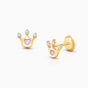 Princess at Heart, Pink/Clear CZ Teen&#039;s Earrings, Screw Back - 14K Gold