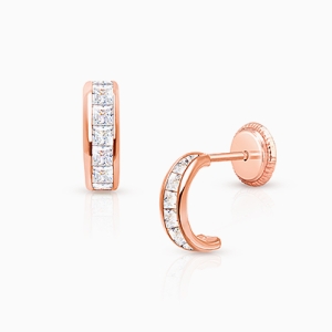Princess Cut Half Hoop, Channel Set Clear CZ Baby/Children&#039;s Earrings, Screw Back - 14K Rose Gold