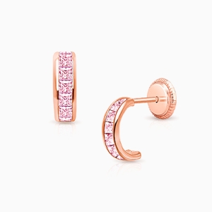 Princess Cut Half Hoop, Channel Set Pink CZ Baby/Children&#039;s Earrings, Screw Back - 14K Rose Gold