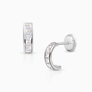 Princess Cut Half Hoop, Channel Set Clear CZ Baby/Children&#039;s Earrings, Screw Back - 14K White Gold