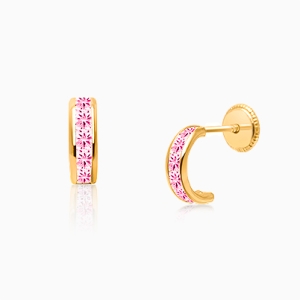 Princess Cut Half Hoop, Channel Set Pink CZ Teen&#039;s Earrings, Screw Back - 14K Gold
