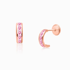 Princess Cut Half Hoop, Channel Set Pink CZ Baby/Children&#039;s Earrings, Screw Back - 14K Rose Gold