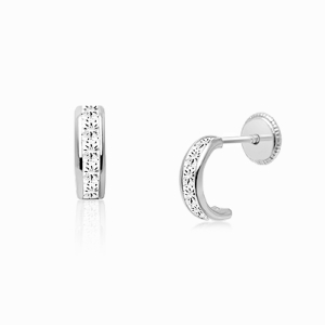 Princess Cut Half Hoop, Channel Set Clear CZ Christening/Baptism Baby/Children&#039;s Earrings, Screw Back - 14K White Gold