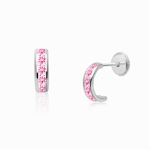 Princess Cut Half Hoop, Channel Set Pink CZ Teen&#039;s Earrings, Screw Back - 14K White Gold