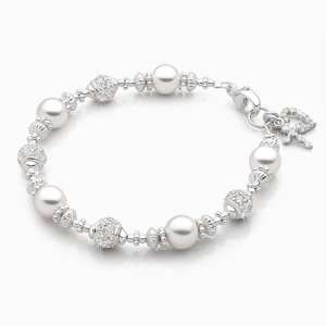 Princess Cross, First Holy Communion Beaded Bracelet for Girls - Sterling Silver