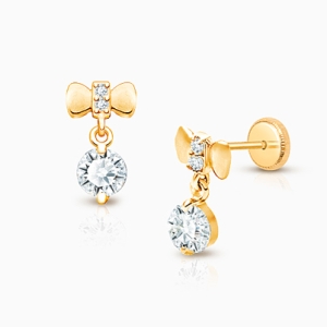 Radiant Ribbons Dangle, Clear CZ Mother&#039;s Earrings, Screw Back - 14K Gold