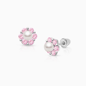 Regal Radiance, Pink CZ Baby/Children&#039;s Earrings, Screw Back - 14K White Gold