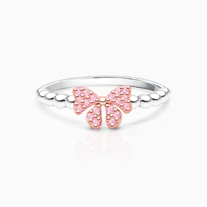 Rosabella Bow, Pink CZ Crown, Children&#039;s Two-Tone Ring for Girls - Sterling Silver