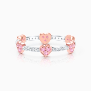 Rosabella Darling Hearts, Pink CZ Children&#039;s Two-Tone Ring for Girls - Sterling Silver