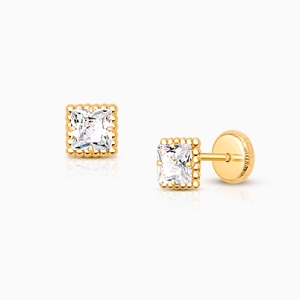 Royal Princess Cut, Clear CZ Baby/Children’s Earrings, Screw Back - 14K Gold