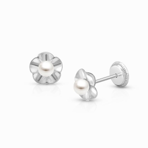Ruffled Petals with Pearl, First Holy Communion Children&#039;s Earrings, Screw Back - 14K White Gold