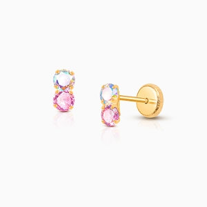 Shimmer Drop, Pink/Opalescent CZ Baby/Children’s Earrings, Screw Back - 14K Gold