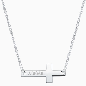 Small Sideways Cross Bar, Engraved Children&#039;s Necklace for Girls (FREE Personalization) - Sterling Silver