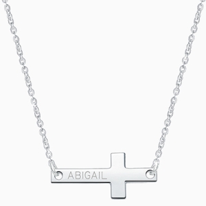 Small Sideways Cross Bar, Engraved Teen&#039;s Necklace for Girls (FREE Personalization) - Sterling Silver