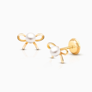 Bows &amp; Pearls, Mother&#039;s Earrings, Screw Back - 14K Gold