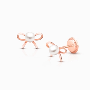 Bows &amp; Pearls, First Holy Communion Children&#039;s Earrings, Screw Back - 14K Rose Gold