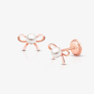 Bows &amp; Pearls, First Holy Communion Children&#039;s Earrings, Screw Back - 14K Rose Gold