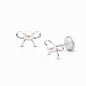 Bows &amp; Pearls, Baby/Children&#039;s Earrings, Screw Back - 14K White Gold