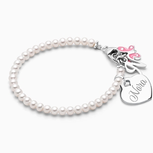 3mm Cultured Pearls, Baby/Children&#039;s Beaded Bracelet for Girls (INCLUDES Engraved Charm) - Sterling Silver
