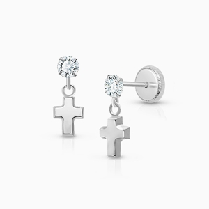 Simple Cross Dangle, Clear CZ Baby/Children&#039;s Earrings, Screw Back - 14K White Gold