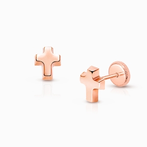 Simple Cross Earring, Teen&#039;s Earrings, Screw Back - 14K Rose Gold