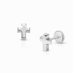 Simple Cross Earring, First Holy Communion Children&#039;s Earrings, Screw Back - 14K White Gold