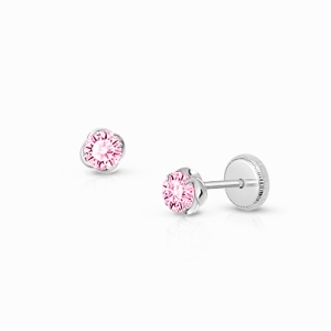 Sweet Pea, Pink CZ Baby/Children&#039;s Earrings, Screw Back - 14K White Gold