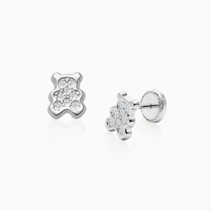 Treasured Teddy Bear, Clear CZ Baby/Children&#039;s Earrings, Screw Back - 14K White Gold