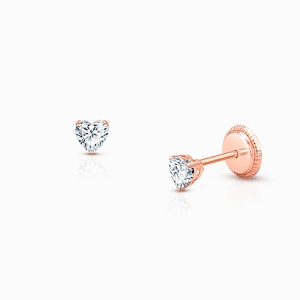 Teeny Tiny Heart Studs, 3mm Clear CZ Baby/Children's Earrings, Screw Back - 14K Gold