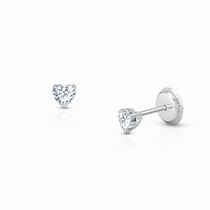 Teeny Tiny Heart Studs, 3mm Clear CZ Baby/Children&#039;s Earrings, Screw Back - 14K White Gold