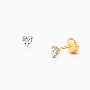 Teeny Tiny Heart Studs, 3mm Clear CZ Baby/Children&#039;s Earrings, Screw Back - 14K Gold