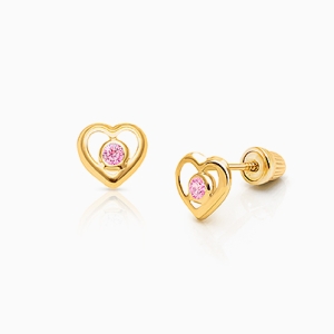 Tender Heart, Pink CZ Baby/Children&#039;s Earrings, Screw Back - 14K Gold