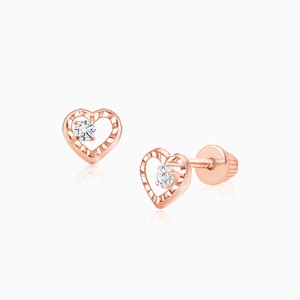 Touch of Sparkle, Clear CZ Heart, Baby/Children&#039;s Earrings, Screw Back - 14K Rose Gold