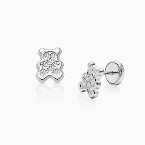 Treasured Teddy Bear, Clear CZ Baby/Children&#039;s Earrings, Screw Back - 14K White Gold