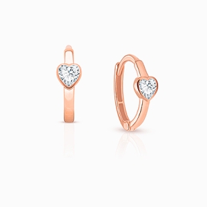 True Love, Clear CZ Heart Baby/Children&#039;s Huggie Hoop Earrings - 14K Rose Gold