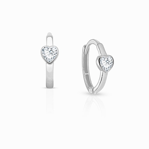 True Love, Clear CZ Heart Baby/Children&#039;s Huggie Hoop Earrings - 14K White Gold