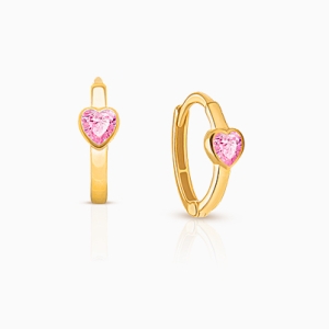 True Love, Pink CZ Heart Baby/Children&#039;s Huggie Hoop Earrings - 14K Gold