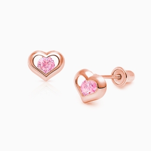 True of Heart Baby/Children&#039;s Earrings, Pink CZ, Screw Back - 14K Rose Gold