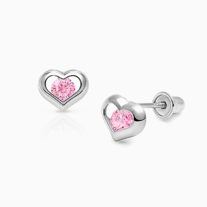 True of Heart Baby/Childrens Earrings, Pink CZ, Screw Back - 14K White Gold