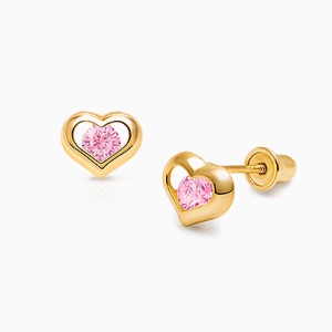 True of Heart Baby/Childrens Earrings, Pink CZ, Screw Back - 14K Gold