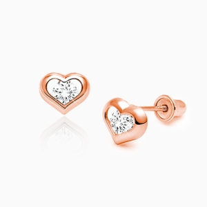 True of Heart Baby/Childrens Earrings, Clear CZ, Screw Back - 14K Rose Gold