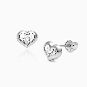 True of Heart Baby/Childrens Earrings, Clear CZ, Screw Back - 14K White Gold