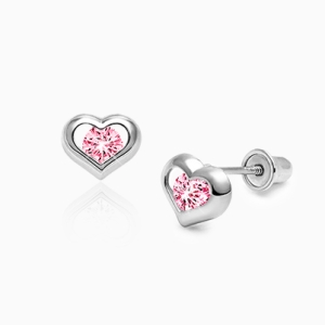 True of Heart Baby/Childrens Earrings, Pink CZ, Screw Back - 14K White Gold