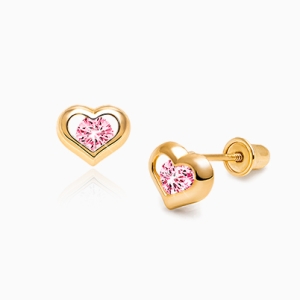 True of Heart Baby/Childrens Earrings, Pink CZ, Screw Back - 14K Gold