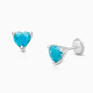 Simple Heart Studs, 5mm Turquoise CZ Teen&#039;s Earrings, Screw Back - 14K White Gold