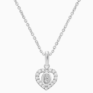 Virgin Mary, Clear CZ Heart Teen&#039;s Necklace for Girls - 14K White Gold