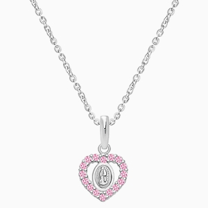 Virgin Mary, Pink CZ Heart Children&#039;s Necklace for Girls - 14K White Gold