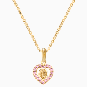 Virgin Mary, Pink CZ Heart Children&#039;s Necklace for Girls - 14K Gold